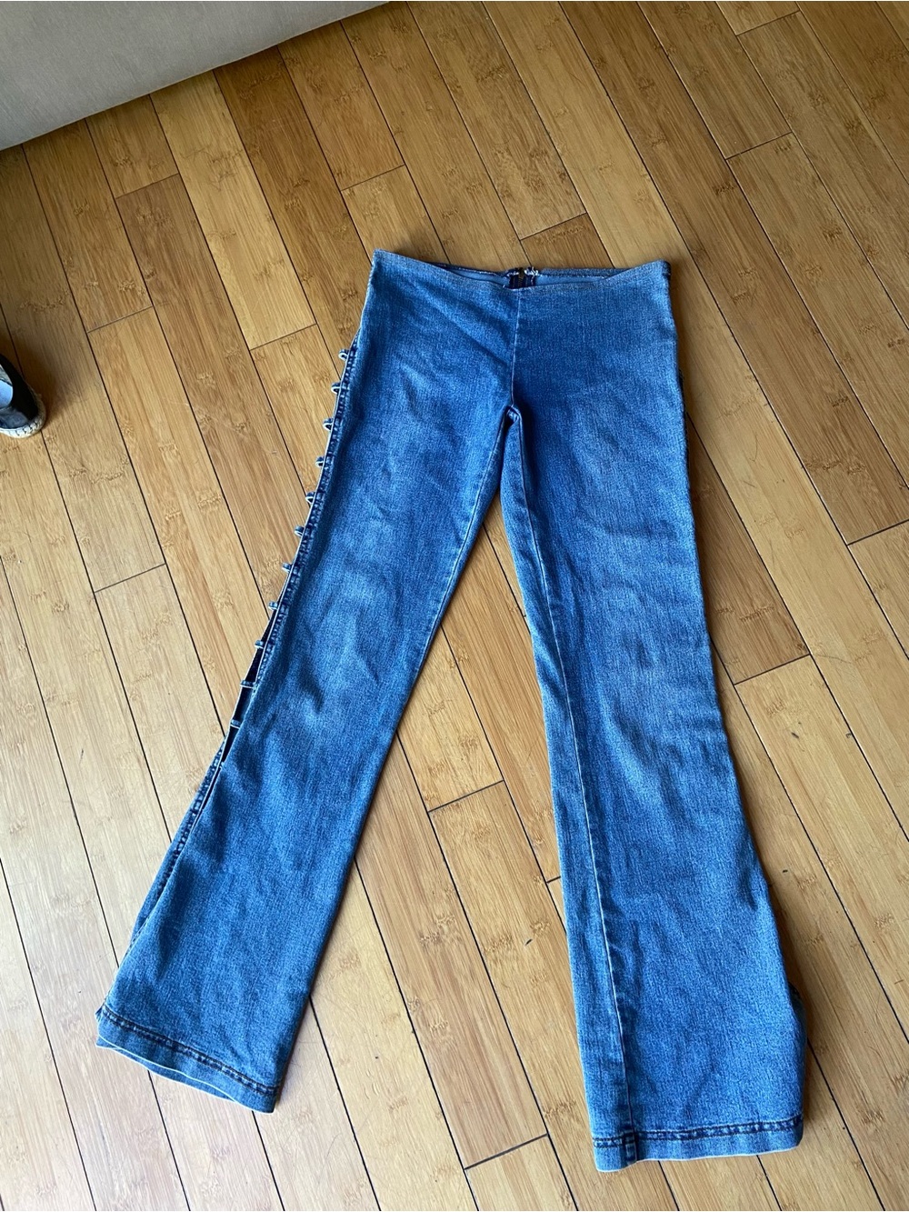 Women's Blue Flare Jeans with Side Button Accent
